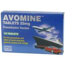 Package of Avomine 25mg promethazine teoclate 28 tablets