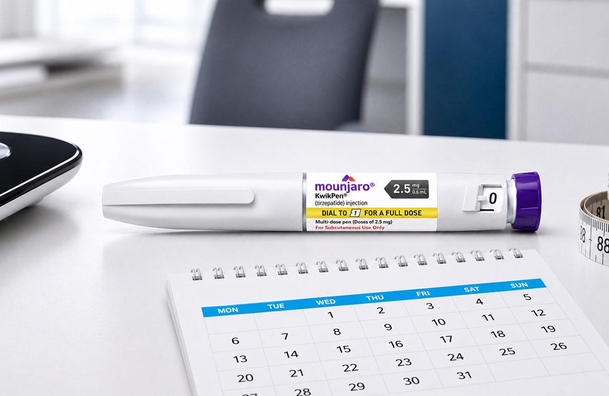 Mounjaro KwikPen 2.5mg and 5mg placed in front of a calendar, measuring tape, and a glass of water