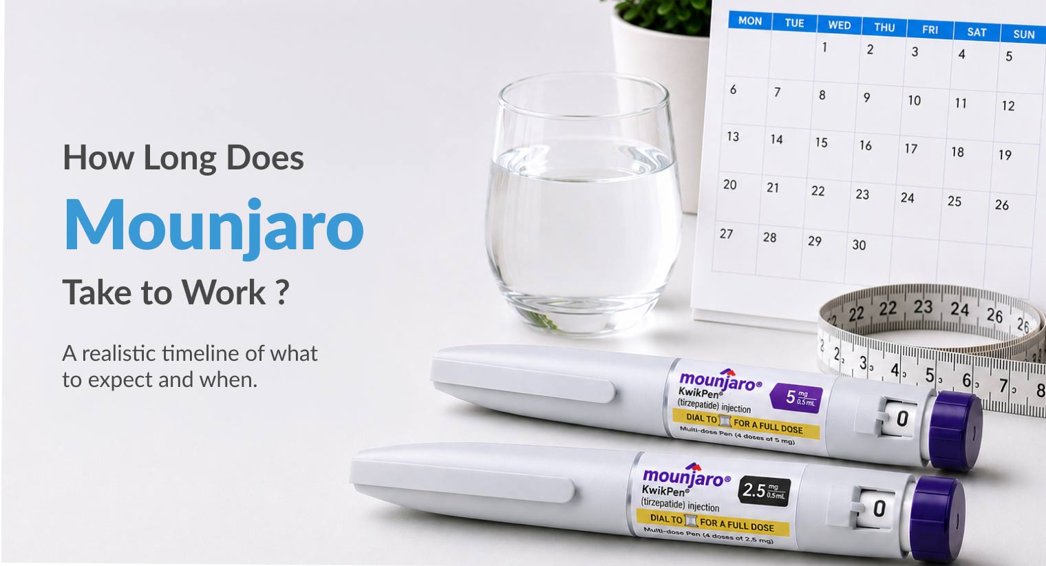 Mounjaro KwikPen 2.5mg and 5mg placed in front of a calendar, measuring tape, and a glass of water