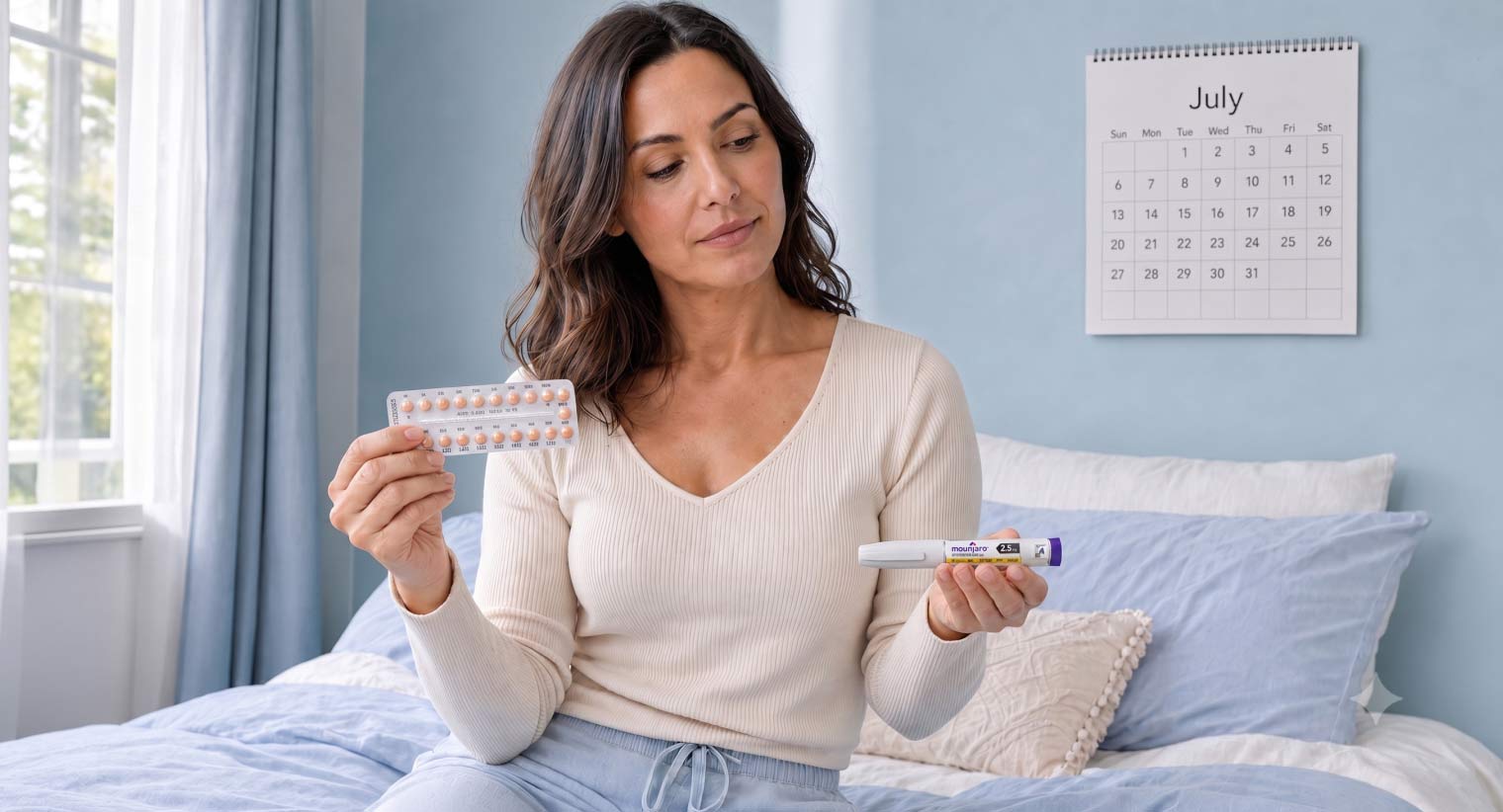 A woman sitting on a bed and looking at the Wegovy injection pen and a strip of contraceptive pills