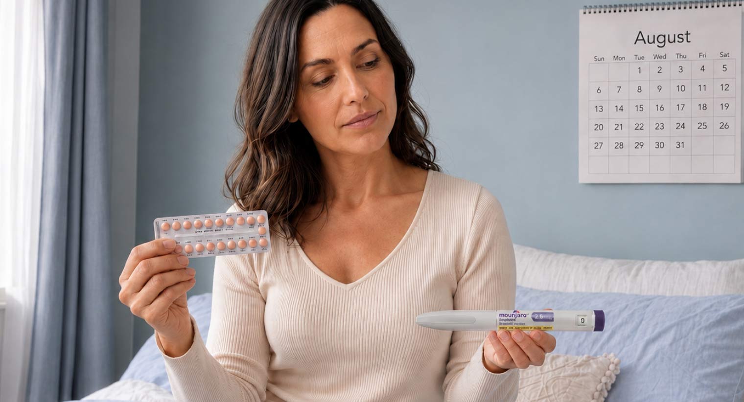 A woman sitting on a bed and looking at the Wegovy injection pen and a strip of contraceptive pills
