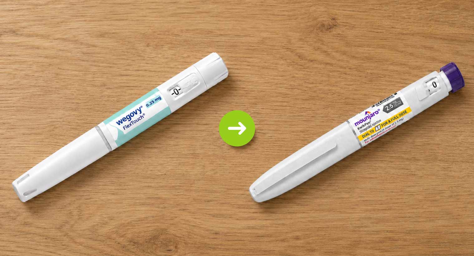 Two injection pens Wegovy and Mounjaro placed on a wooden table
