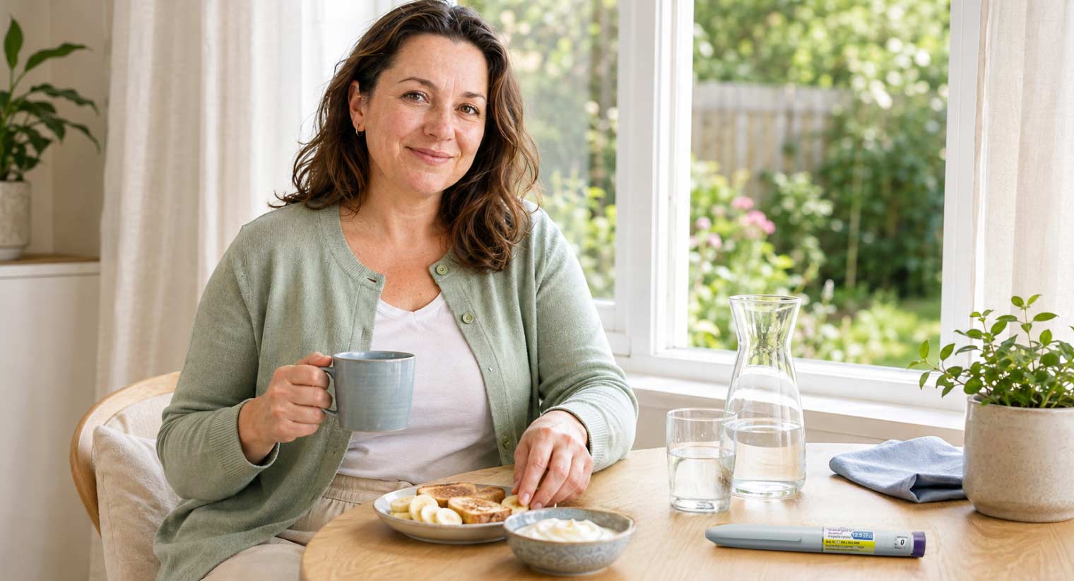 A woman sitting on a chair with a cup in her hands and a plate containing food rests on the table along with a jar and glass of water and Mounjaro injection pen