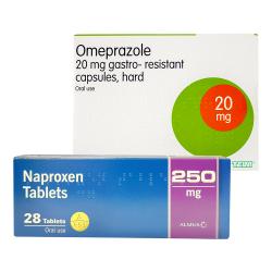 Pack of Omeprazole 20mg gastro-resistant hard capsules with 28 Naproxen 250mg tablets