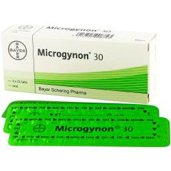 Box of Microgynon® 30 pills containing blister strips