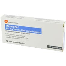 Pack of Malarone® 250mg/100mg atovaquone/proguanil hydrochloride 12 film-coated tablets