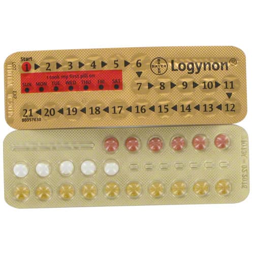 Front and rear view of Logynon tablets blister packs