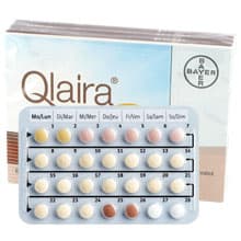 Pack of Qlaira® estradiol valerate/dienogest 28 film-coated tablets with a blister strip