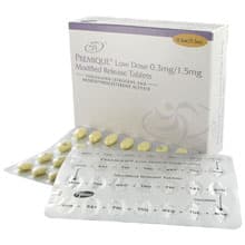 Box of Premique® conjugated estrogens and medroxyprogesterone acetate tablets with blister packs